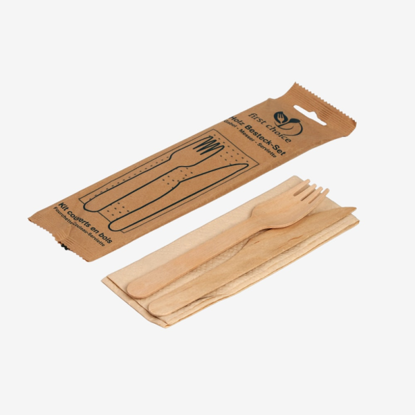 Wooden cutlery set with fork, knife, and napkin